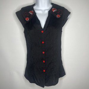 Voodoo Vixen Retro 40s Nena Black Embroidered Ladybug Button Up Blouse Top